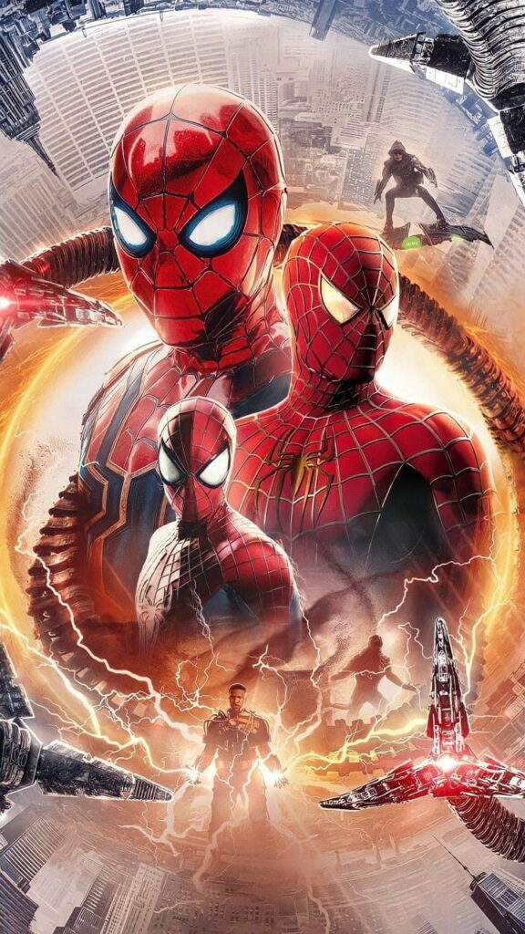 Epic Spider-Man No Way Home wallpaper with multiple Spider-Men, villains, and electrifying energy.