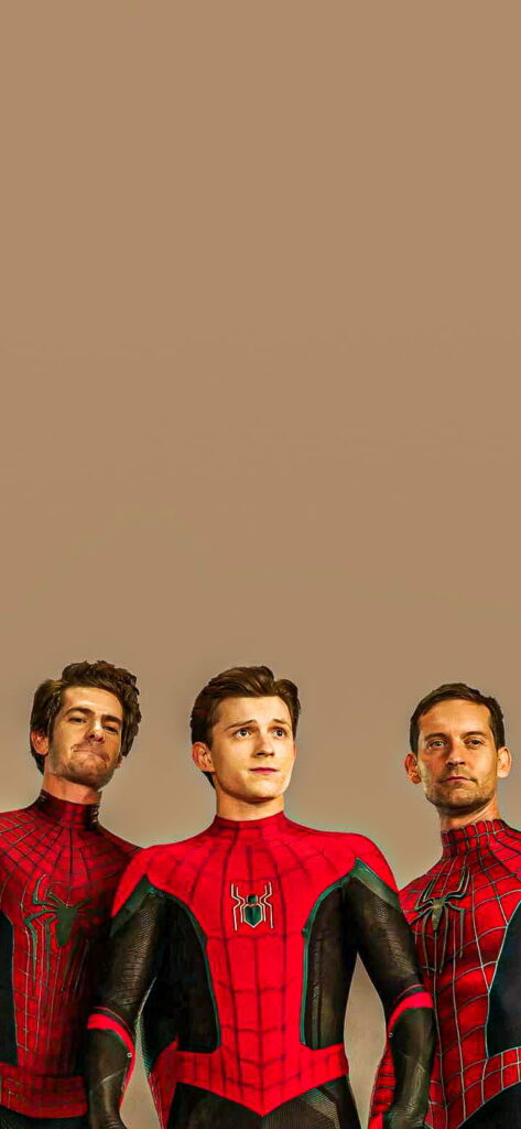 Spider-Man No Way Home HD wallpaper with three Spider-Man actors in iconic suits on tan background