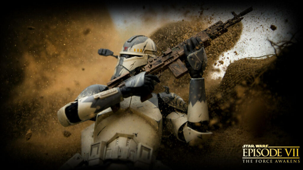 Clone Trooper holding blaster in chaotic raid Star Wars wallpaper with warm earthy tones and debris