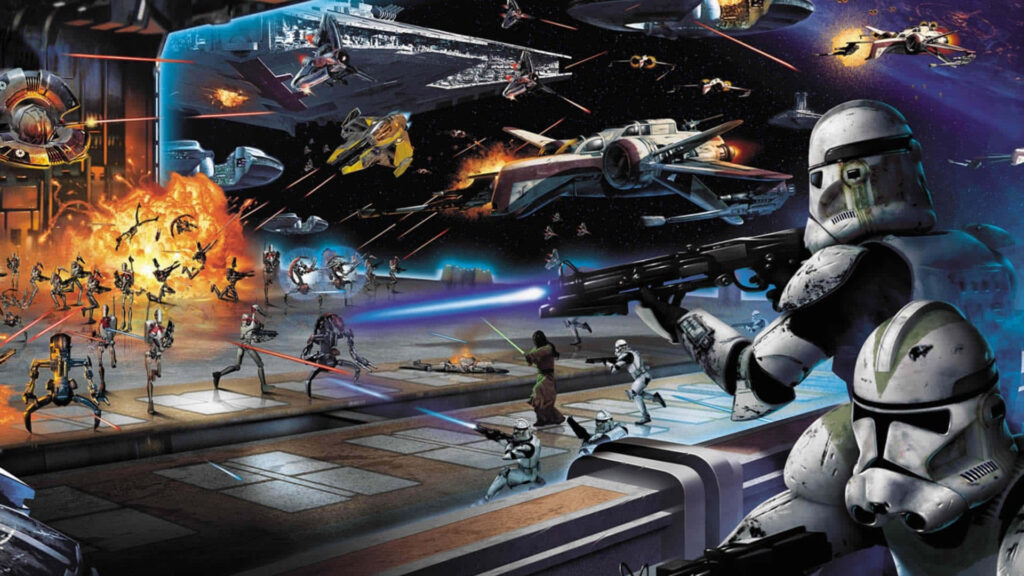 Clone Wars wallpaper featuring Clone Troopers with blasters amid epic space and ground battles