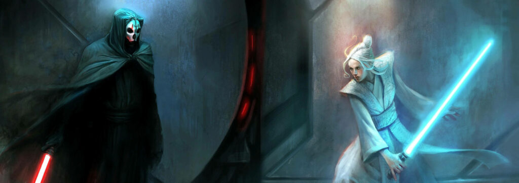 Epic Star Wars Standoff: Dual-Screen Wallpaper Background