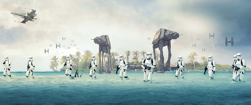Epic Star Wars Dual Wallpaper: Stormtroopers in Tropical Battlefield