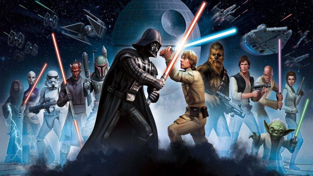 Epic Star Wars Duel Wallpaper: Luke vs. Vader with Iconic Characters