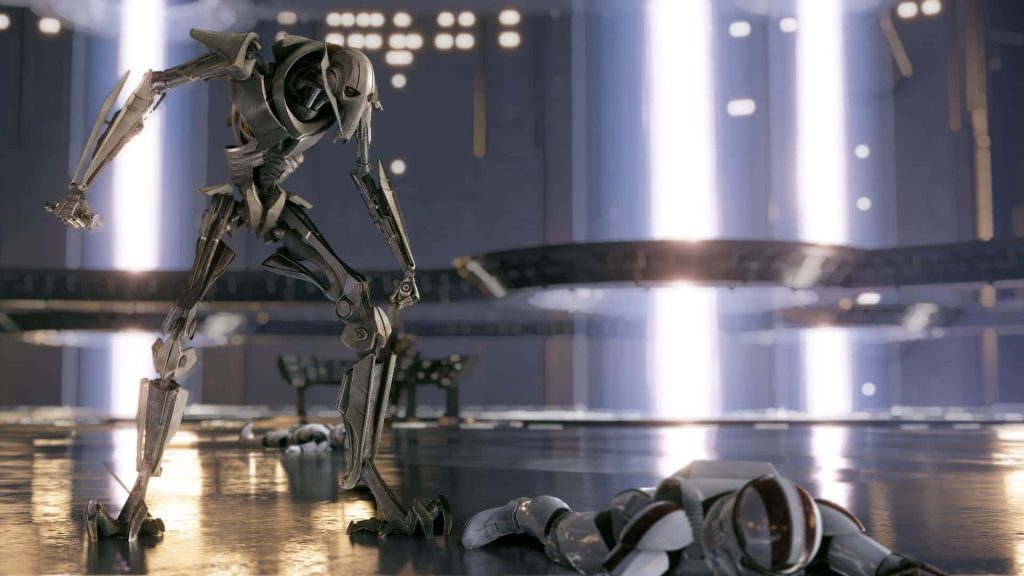 Cinematic Star Wars wallpaper of General Grievous over fallen Clone Trooper in metallic hangar