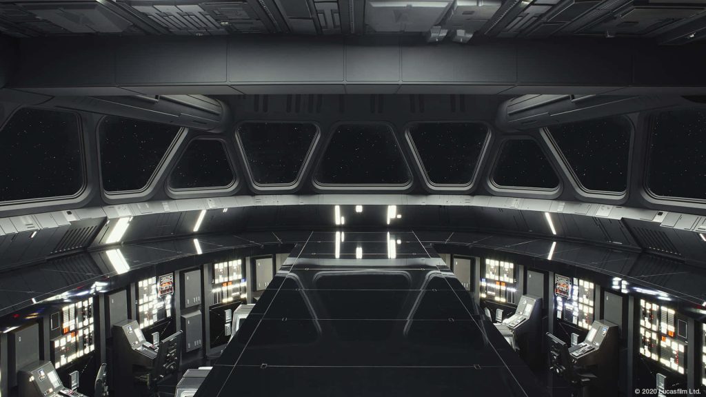 Imperial Star Destroyer command bridge with glowing consoles and starfield deep space view wallpaper