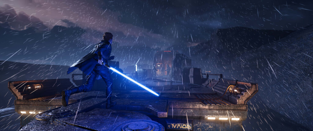 Epic Star Wars Jedi Action Wallpaper: Blue Lightsaber in Rainy Sci-Fi