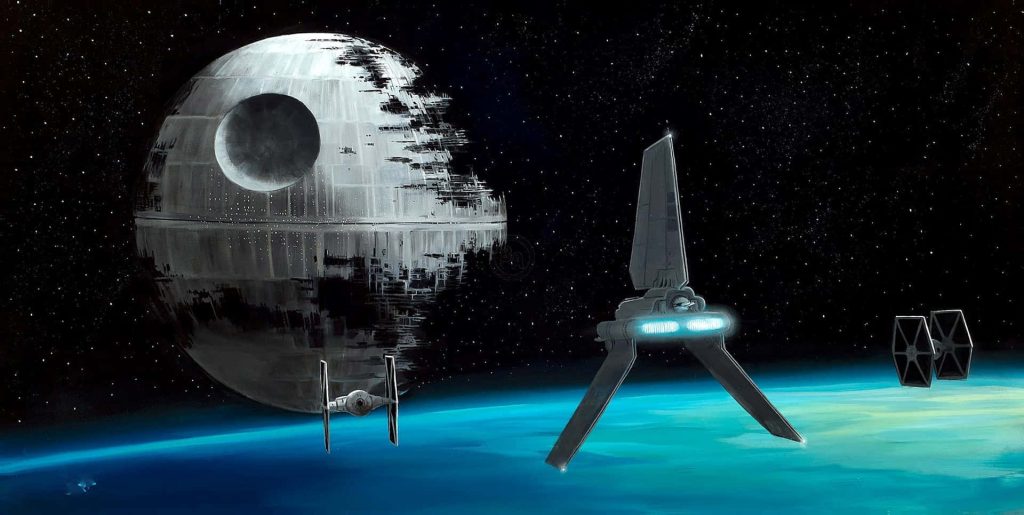 Imperial shuttle flies over blue planet near Death Star and TIE fighters in detailed Star Wars scene Wallpaper