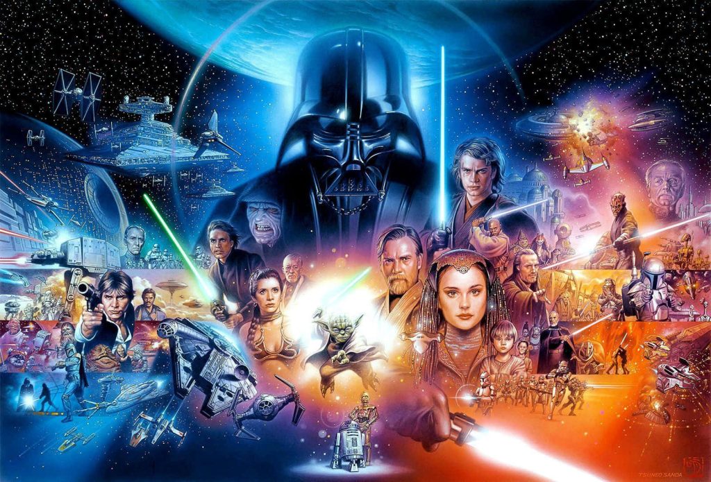 Epic Star Wars poster by Tsuneo Sanda featuring Darth Vader Luke Leia Anakin Obi-Wan and Padmé Wallpaper