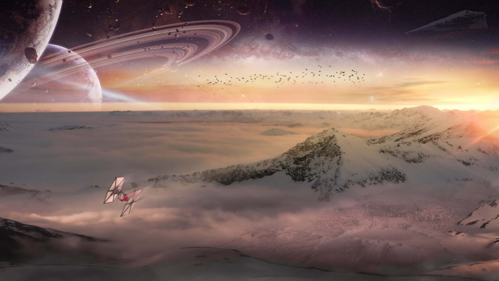 Star Wars TIE fighter flies over icy mountains clouds with ringed planet Star Destroyer sunset Wallpaper