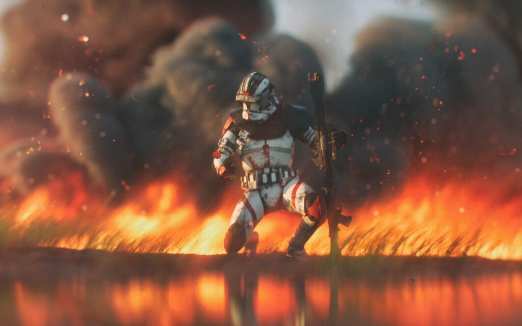 Dynamic Star Wars Stormtrooper Wallpaper in Fiery Battlefield