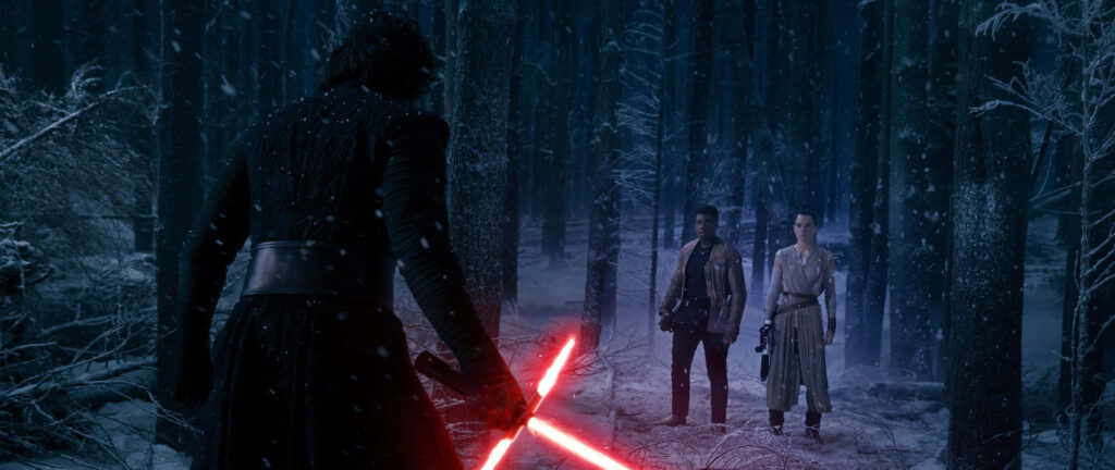 Star Wars: Kylo Ren Confronts Rey & Finn in Icy Forest Wallpaper