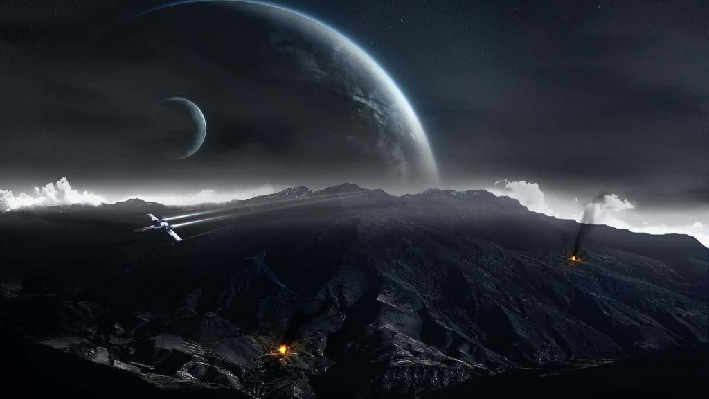 Star Wars X-wing starfighter banking over fiery alien mountains under starry sky wallpaper