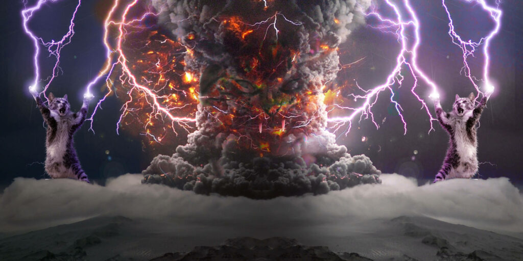 Two cats control lightning over a fiery volcanic explosion in a stormy fantasy wallpaper background