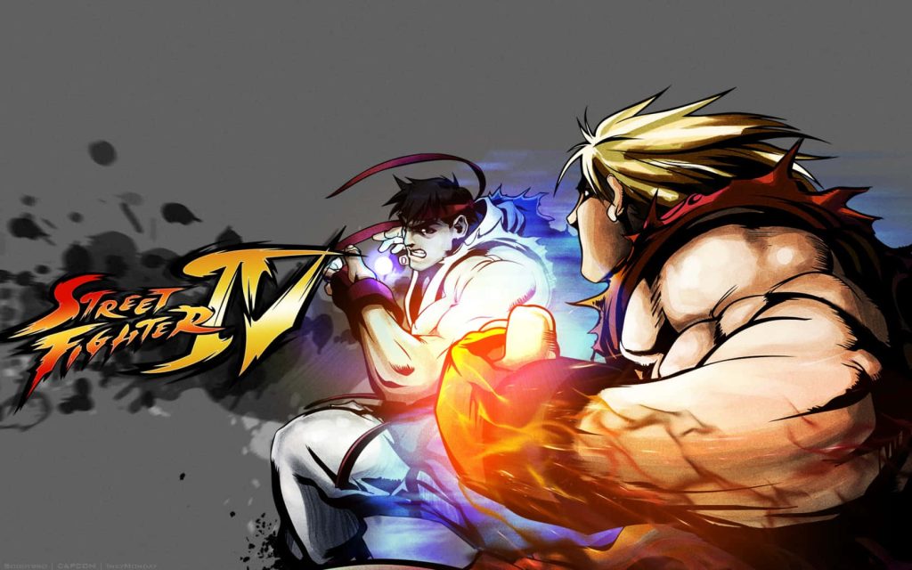 Street Fighter IV Ryu firing blue energy blast at Ken fiery punch brush-stroke art wallpaper