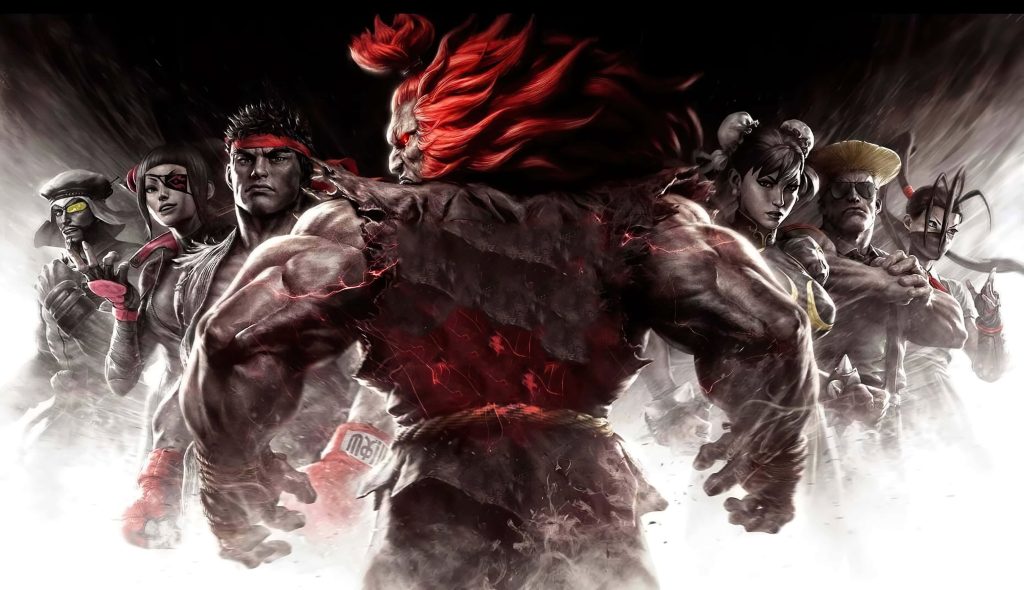 Epic Street Fighter wallpaper featuring Akuma and iconic fighters in dramatic smoky scene