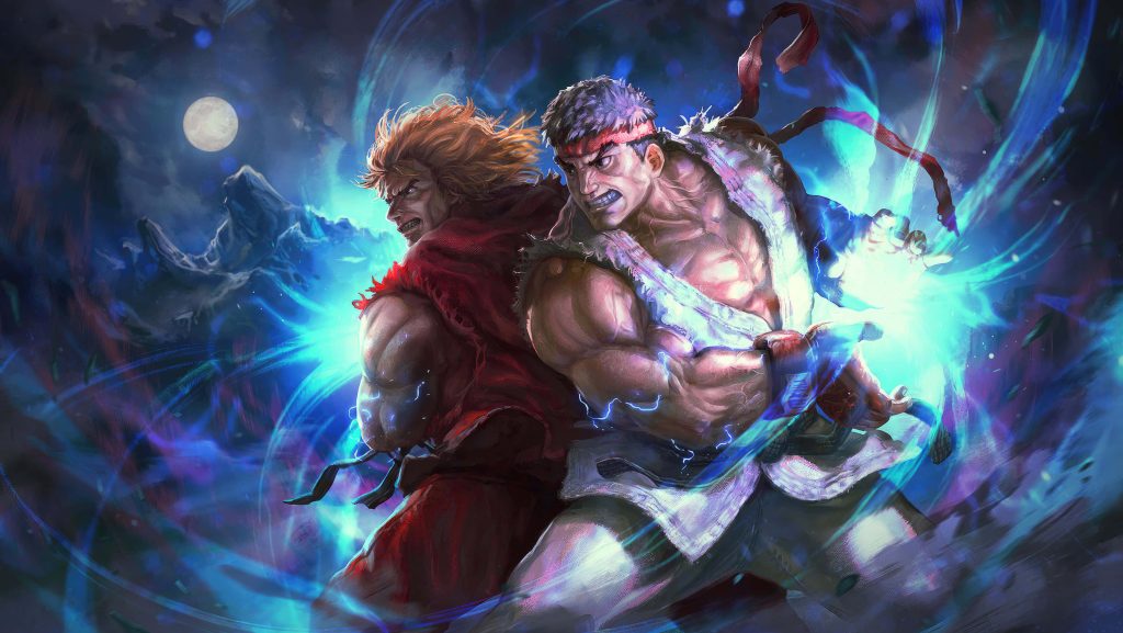 Ryu and Ken Masters glowing blue energy battle-ready under moonlit sky Street Fighter wallpaper