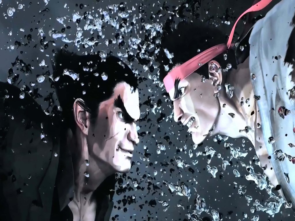 Kazuya Mishima and Ryu intense stare-down with water splashes in Street Fighter X Tekken wallpaper