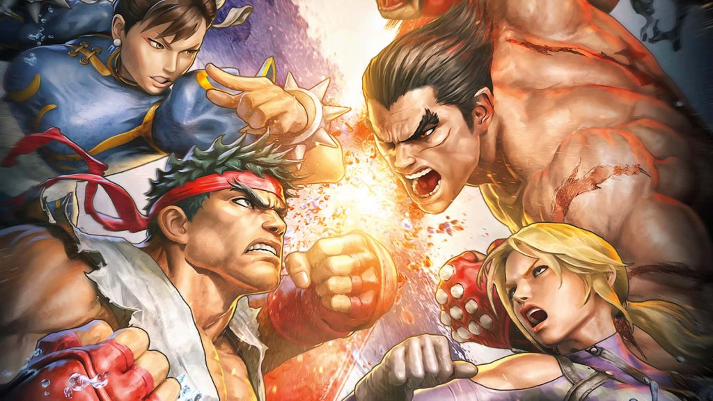 Street Fighter X Tekken epic battle Ryu Chun Li vs Kazuya Nina vibrant gamer wallpaper background