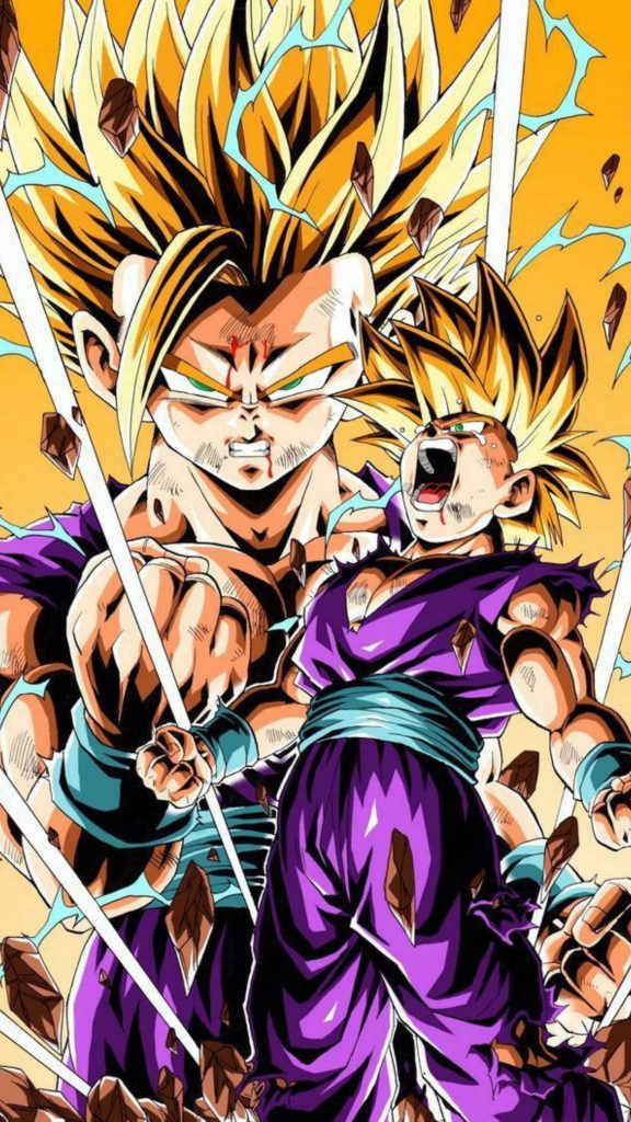 Epic Super Saiyan Gohan DBZ wallpaper with blue lightning floating rocks vibrant orange background