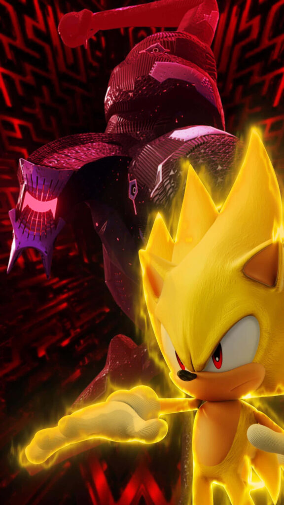 Epic Super Sonic Wallpaper: Vivid Battle Against Armored Foe