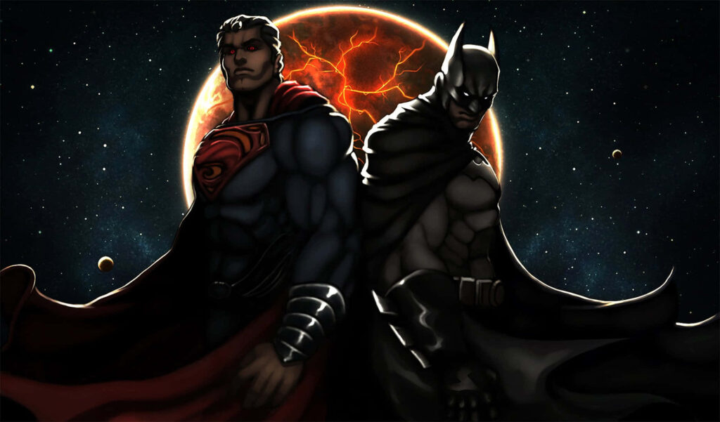Strength & Courage: Superman & Batman Cosmic Wallpaper Background