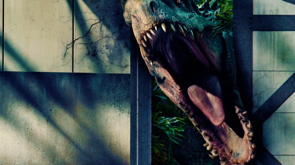 Fierce T-Rex Breaks Through Gate: Jungle Wallpaper Background