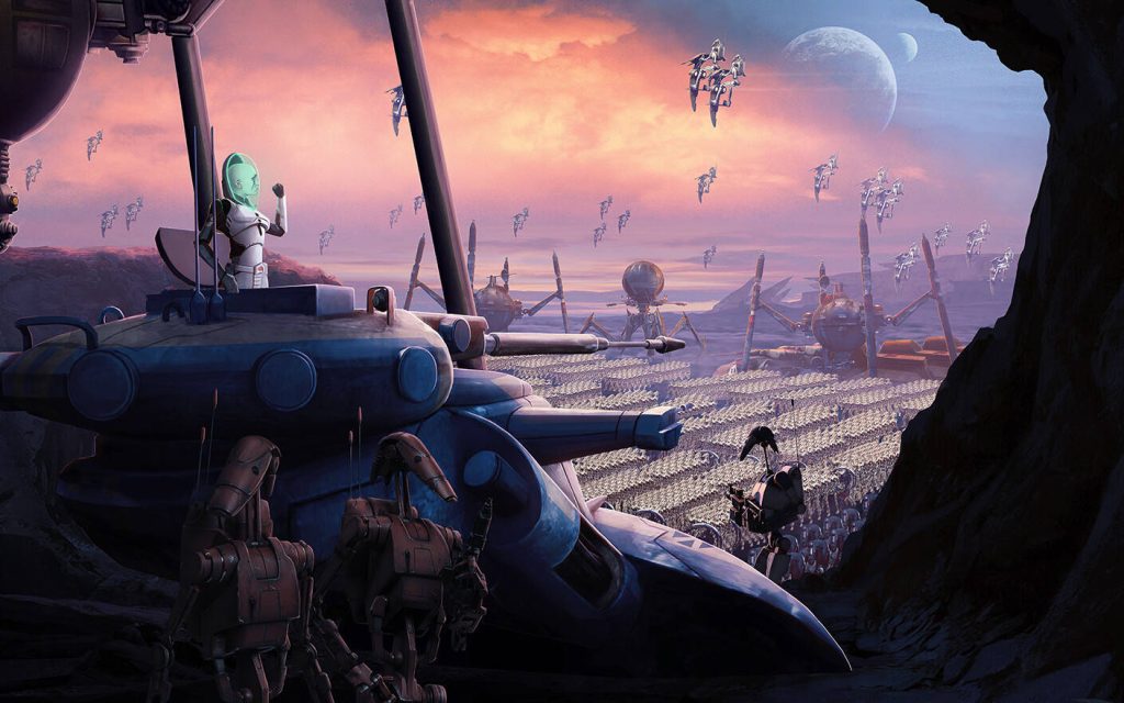 T-series Tactical Droid leads B1 battle droids and AAT tanks on alien world at sunset wallpaper