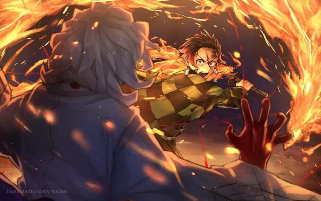 Tanjiro Kamado fighting spider demon Rui fiery battle scene Demon Slayer anime wallpaper