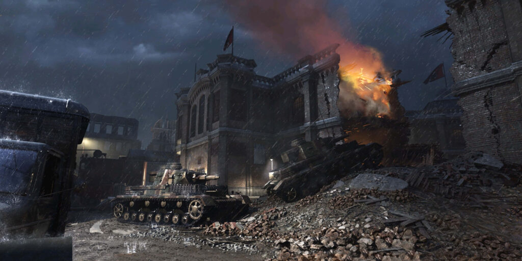 Dramatic battle scene with tanks in rubble near burning building under stormy sky wallpaper