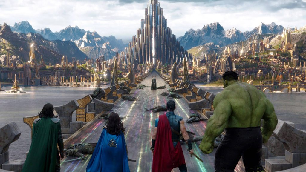 Epic Thor Ragnarok scene Hulk Thor Valkyrie Loki on Bifrost bridge facing goddess Hela Asgard wallpaper