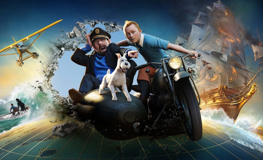 Tintin Captain Haddock and Snowy on motorcycle sidecar fiery pirate ship seaplane wallpaper