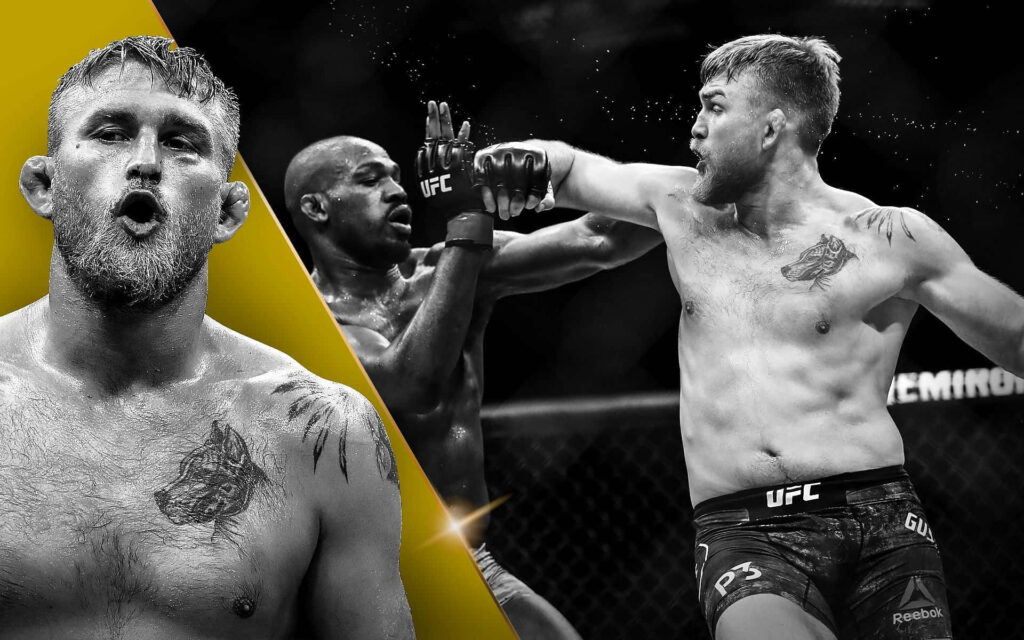Dynamic UFC fanart poster of Alexander Gustafsson versus Jon Jones intense octagon fight action Wallpaper