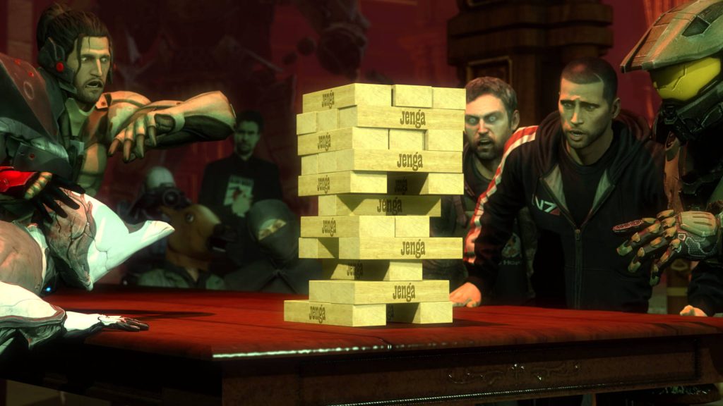 3D digital art of Commander Shepard Master Chief Jetstream Sam and Gordon Freeman playing Jenga intense focus Wallpaper