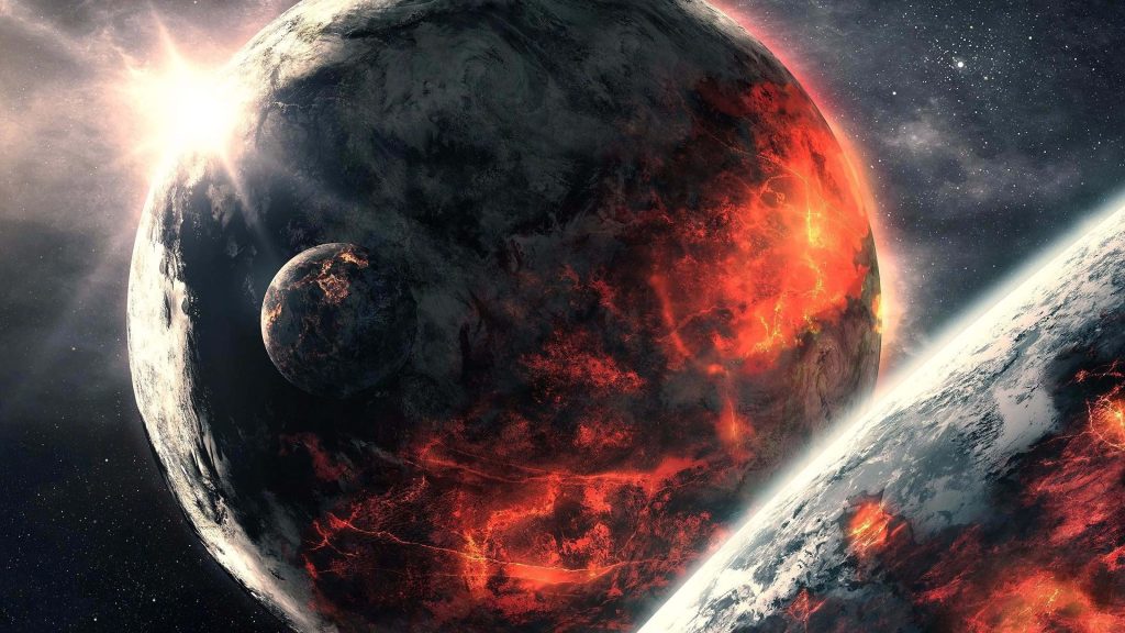 Epic digital art of magma planet with glowing fissures and two moons in starry space background Wallpaper