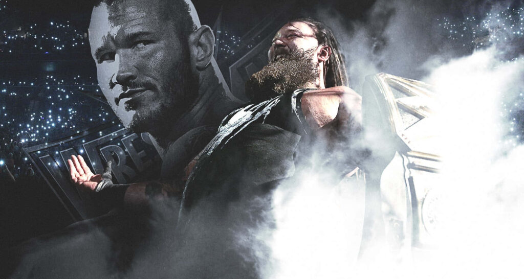 Epic WWE wallpaper with Bray Wyatt holding championship and Randy Orton grayscale portrait background