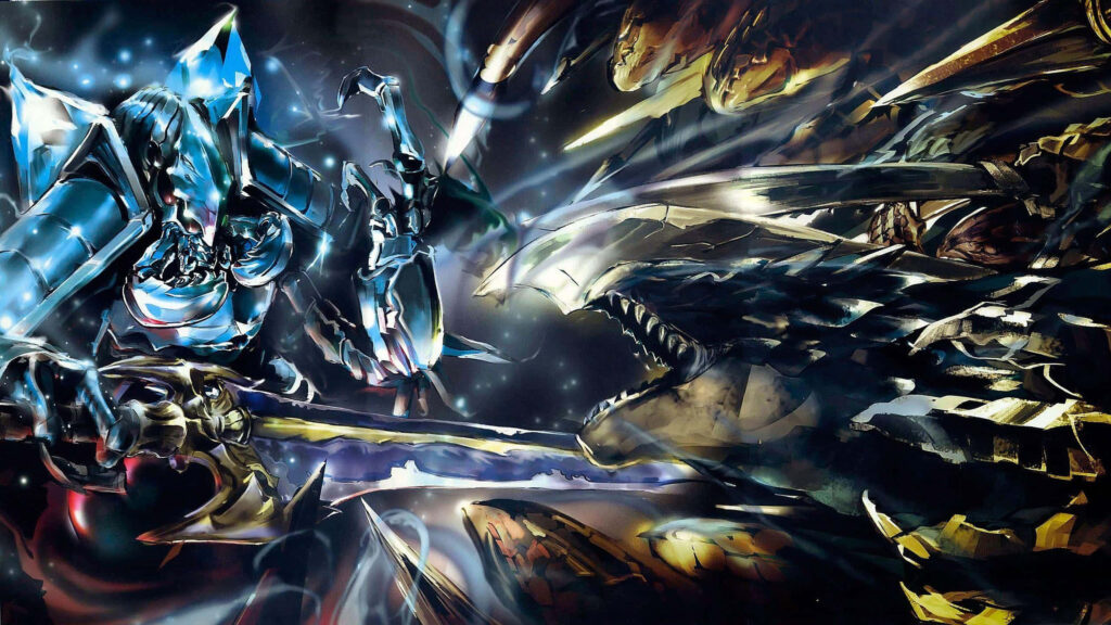 Epic Wallpaper: Armored Warrior vs. Dragon in Cosmic Battle Scene
