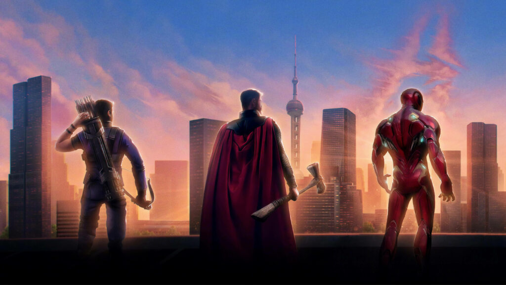 Unity in Action: Hawkeye, Thor & Iron Man Wallpaper Against Sunset