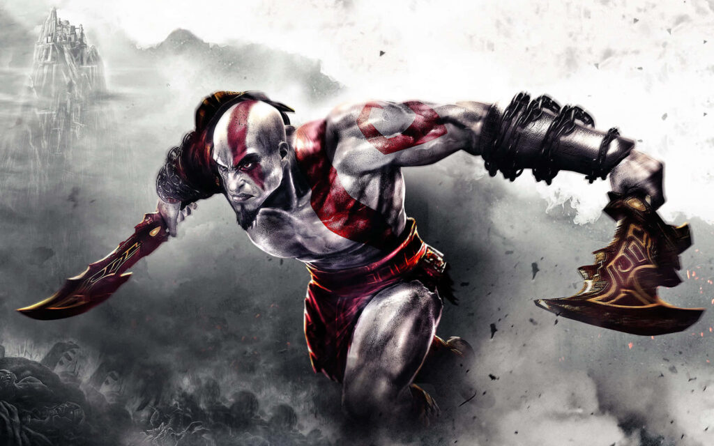 Epic Warrior with Dual Axes in Dramatic 3D Gaming Wallpaper