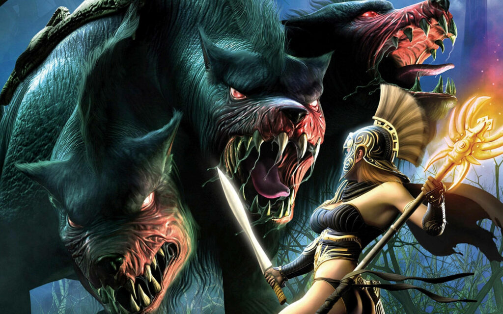 Fierce warrior in golden armor battles snarling three-headed Cerberus with glowing eyes in fantasy wallpaper