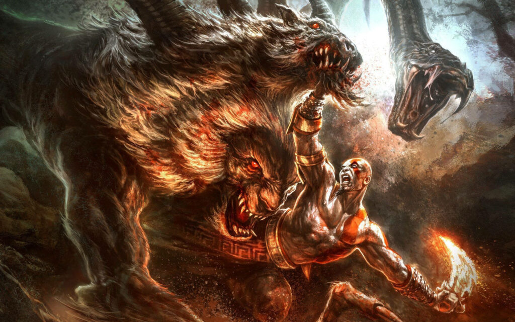 Epic Warrior vs. Two-Headed Fire Lion: Mythical Dynamic Wallpaper