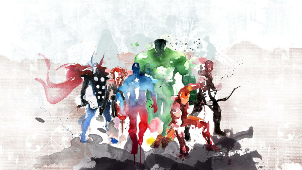 Avengers Unite in Mesmerizing Watercolor: A Captivating HD Superhero Artwork on a Blank Canvas Wallpaper