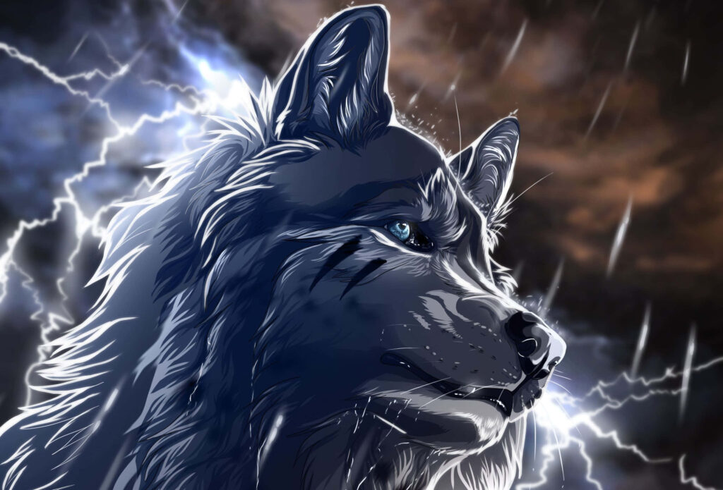 Epic Wolf Wallpaper: Majestic Illustration with Thunderclouds & Lightning