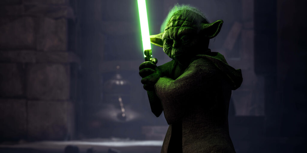 Epic Yoda Wallpaper: 4K Dark Space Backdrop with Green Lightsaber