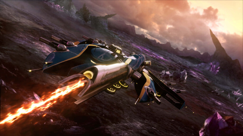 Futuristic aircraft soaring over battleground in Ashes of Singularity: Escalation Wallpaper