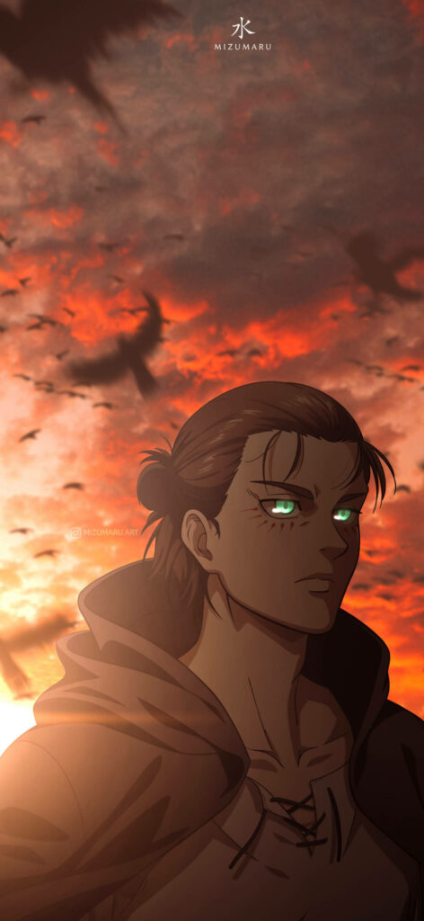 Eren Yeager anime wallpaper with glowing green eyes and sunset sky filled with flying birds