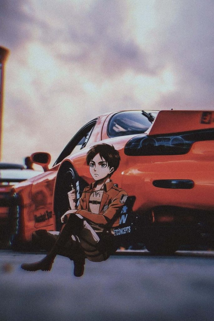 Anime wallpaper Eren Yeager leaning on orange Mazda RX7 twilight JDM car photography background
