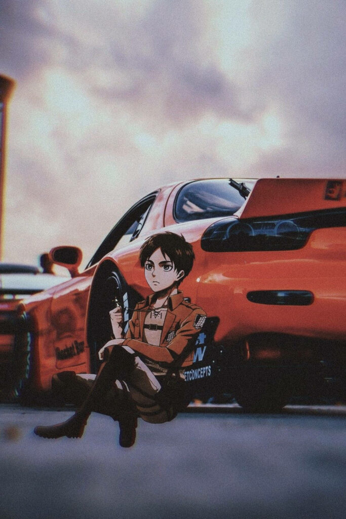 Eren Yeager anime sitting beside red sports car under dramatic cloudy sky urban wallpaper background