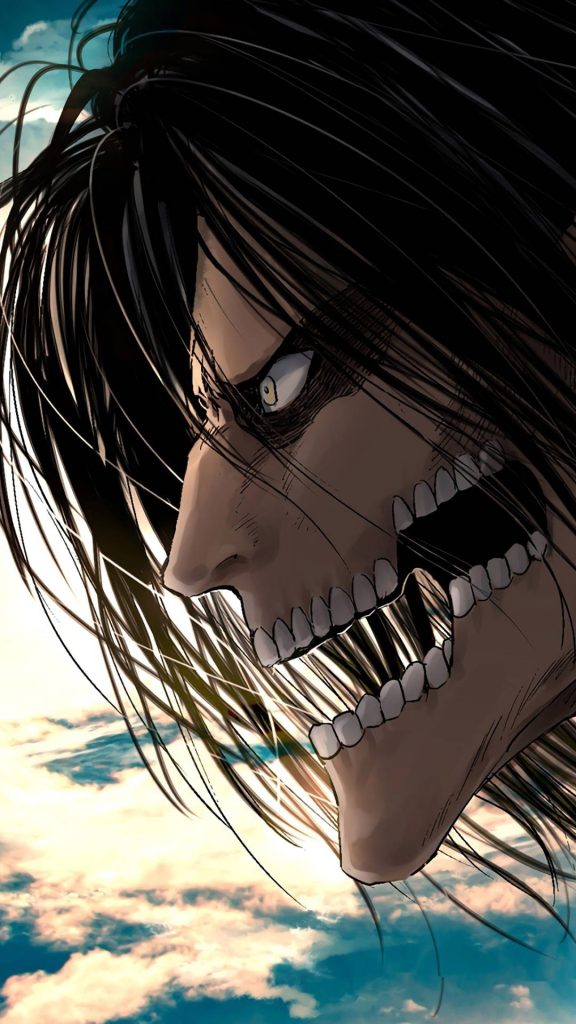 Attack Titan phone wallpaper showing fierce Eren Yeager profile with detailed teeth and cloudy sky