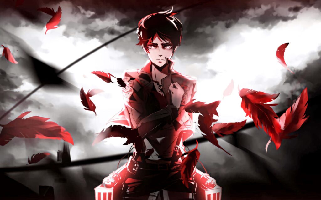 Eren Yeager fierce pose with red feathers stormy sky bold shadows Attack on Titan wallpaper