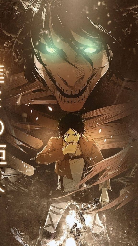 Attack on Titan phone wallpaper Eren Yeager biting hand with glowing Attack Titan in dark sepia
